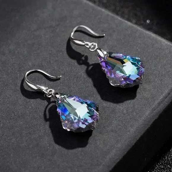 Silver with Vitrail Light Austrian Crystal Baroque Dangling Drop Hook Earrings